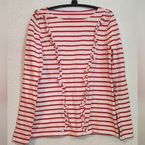 Boden‎ Long-Sleeve Top with White with Red Stripes and Front Ruffles, Siz…